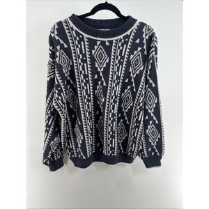 Vintage JJ Cochran Southwestern Aztec Sweater Blue 100% Cotton Crewneck USA Sz M